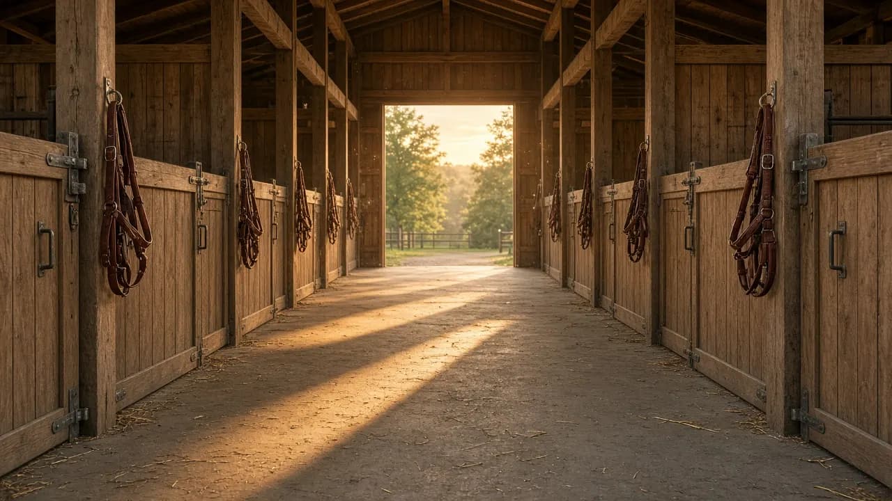 A quiet wooden barn aisle with stall doors, hanging halters and soft evening light falling across the floor