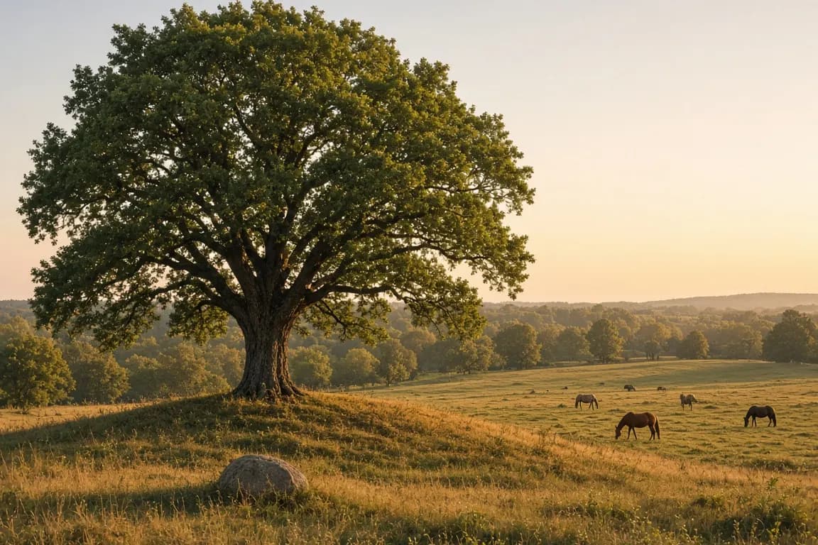 A single old oak tree on a gentle grassy rise above a horse pasture in late summer, a simple stone at its foot
