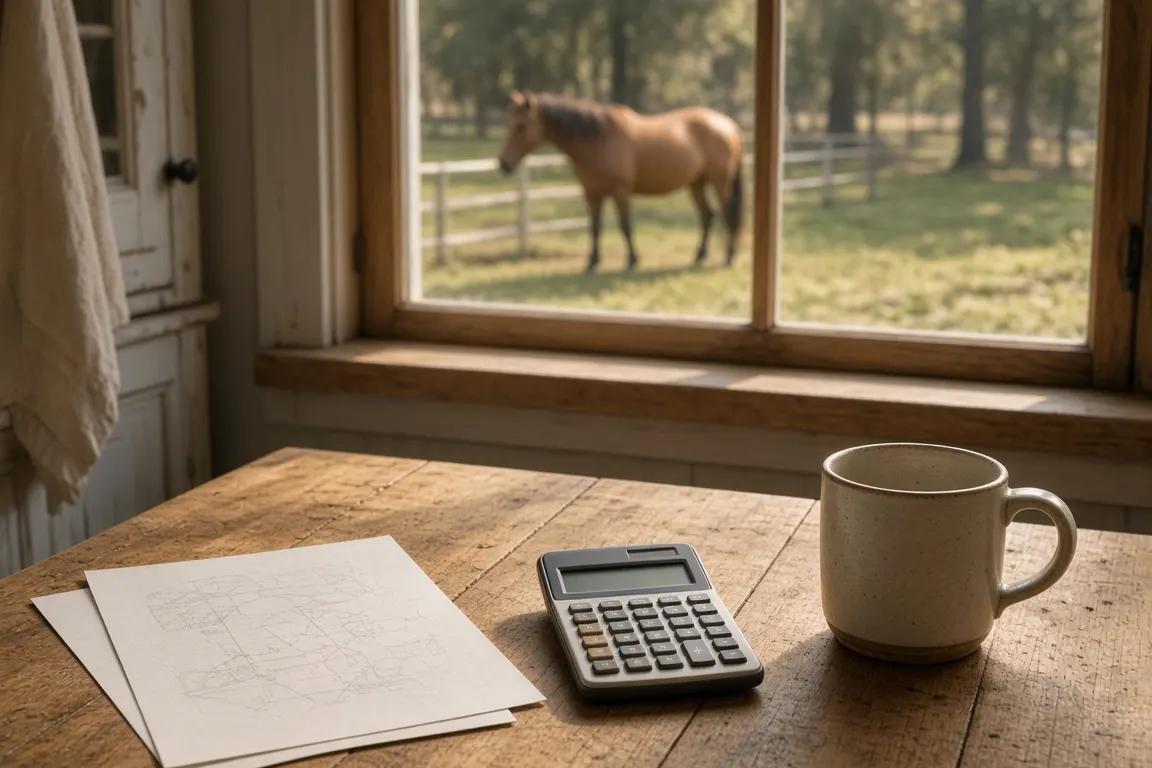 Two printed quotes, a calculator and a mug of coffee on a farmhouse kitchen table, a horse visible through the window