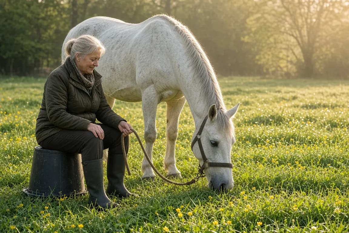 An elderly grey mare grazing lush spring grass beside a woman sitting on an upturned bucket, low morning sun