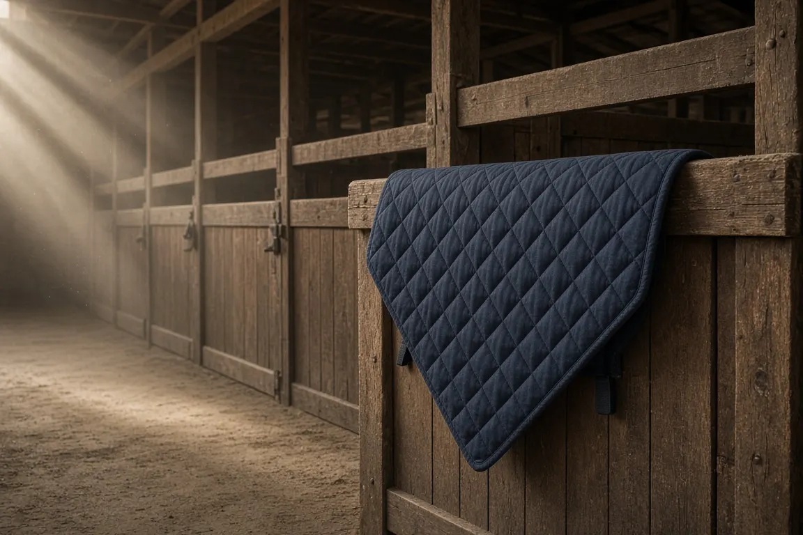 A navy stable rug folded over a wooden stall door in a quiet barn, soft dust in the evening light