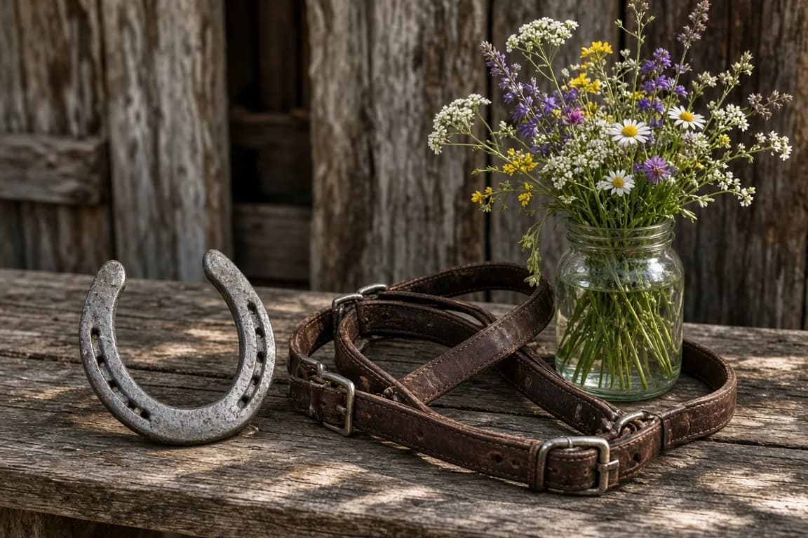 A worn horseshoe and a leather halter resting on a wooden bench outside a barn, wildflowers in a jar beside them