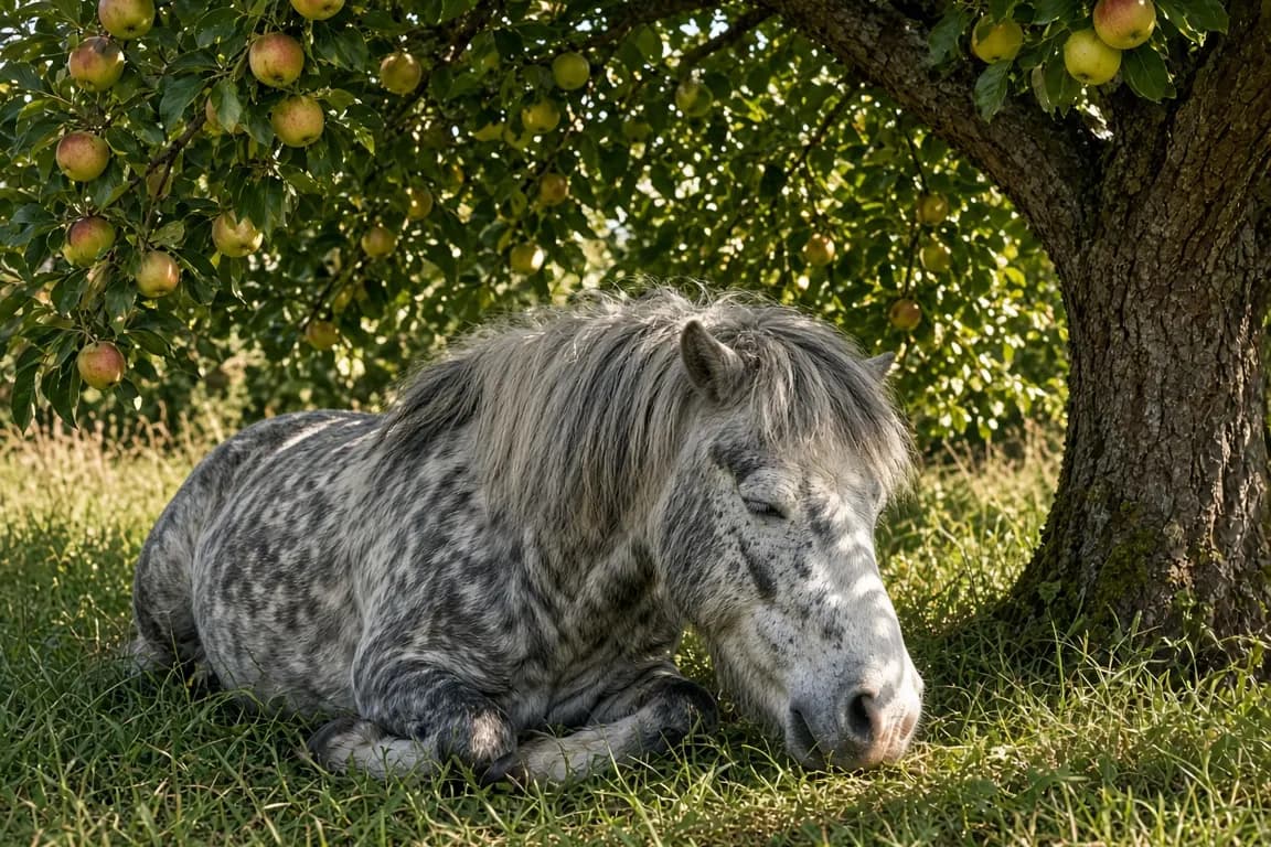 A senior dapple-grey pony with a white muzzle dozing in dappled shade under an apple tree in late summer