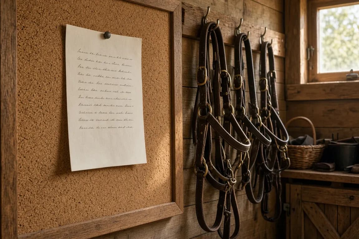 A handwritten plan pinned to a cork board in a tidy tack room, bridles hanging alongside in morning light