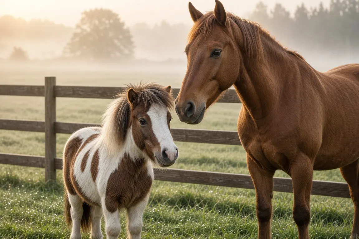 A miniature horse and a full-size chestnut horse standing together at a paddock fence on a misty morning