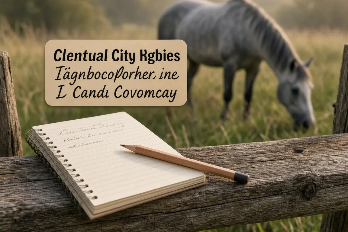 A notepad with a handwritten question list resting on a wooden fence rail, a grey horse grazing in the soft-focus background