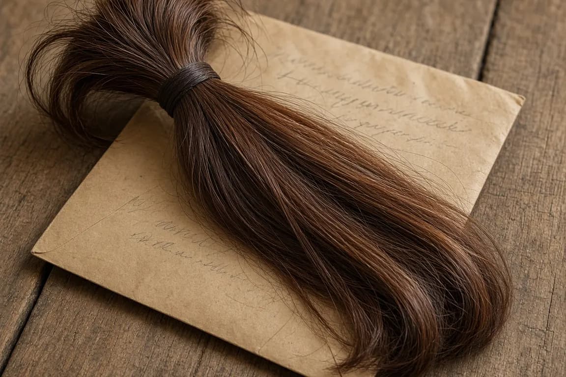 A banded lock of chestnut tail hair lying on a brown paper envelope with a handwritten name, on a rustic wooden table