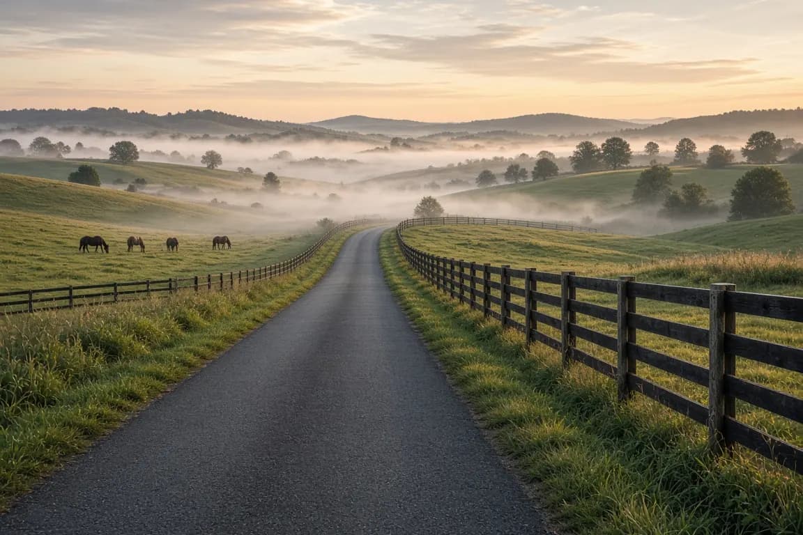 A long rural road through rolling horse pasture at dawn, wooden fencing running alongside and hills in the distance