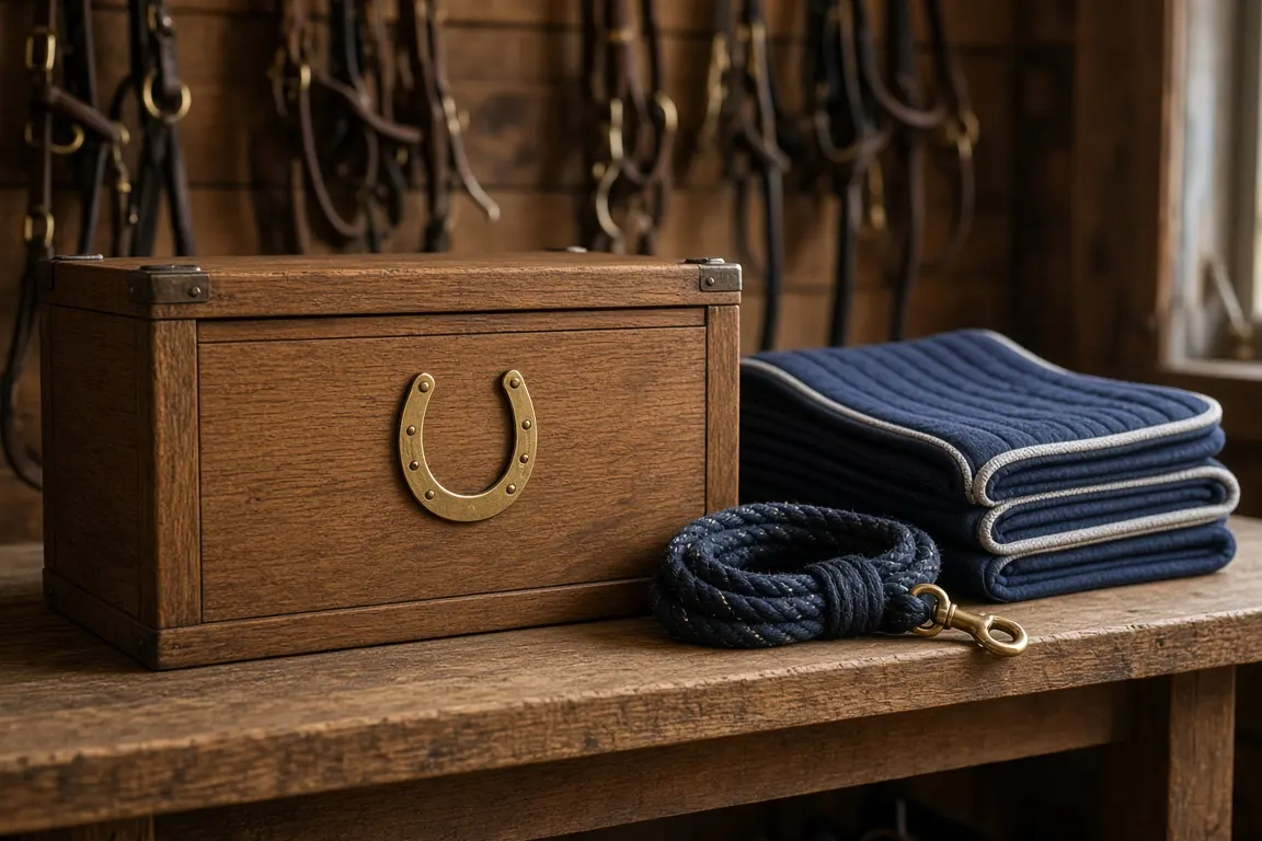 A large oak memorial chest with a brass horseshoe plaque on a tack room shelf beside a folded saddle pad