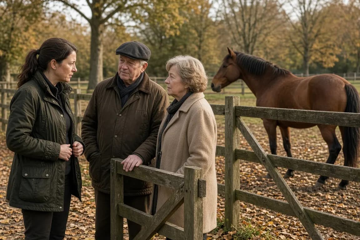 An equine vet in a waxed jacket talking quietly with an older couple at a paddock gate, a senior bay horse resting nearby