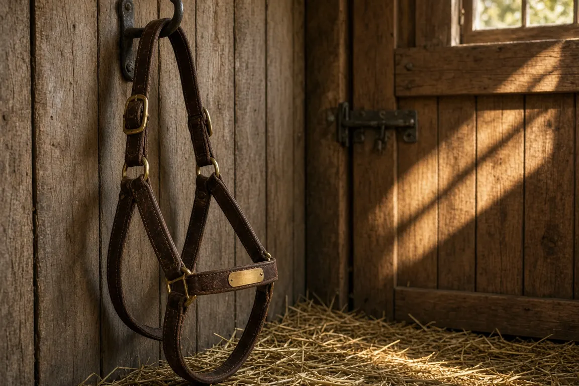 A leather halter with a brass nameplate hanging on a hook beside an empty stable door, late afternoon light