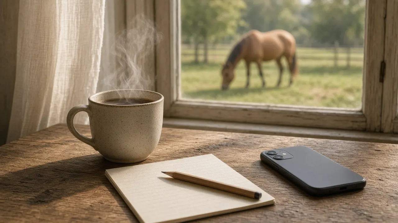 A farmhouse kitchen table with a mug of coffee, a notepad and a phone beside a window looking out onto a paddock