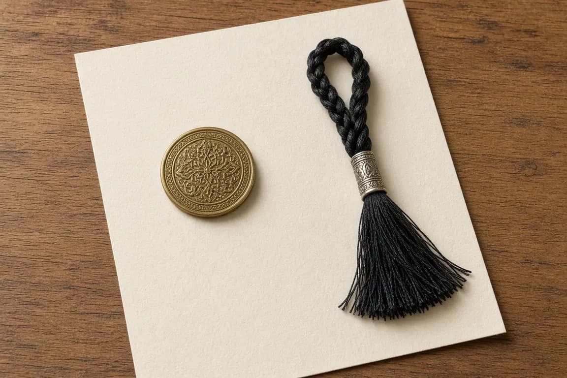 A cream certificate, a small brass ID disc and a braided horse-hair keepsake laid on a wooden desk