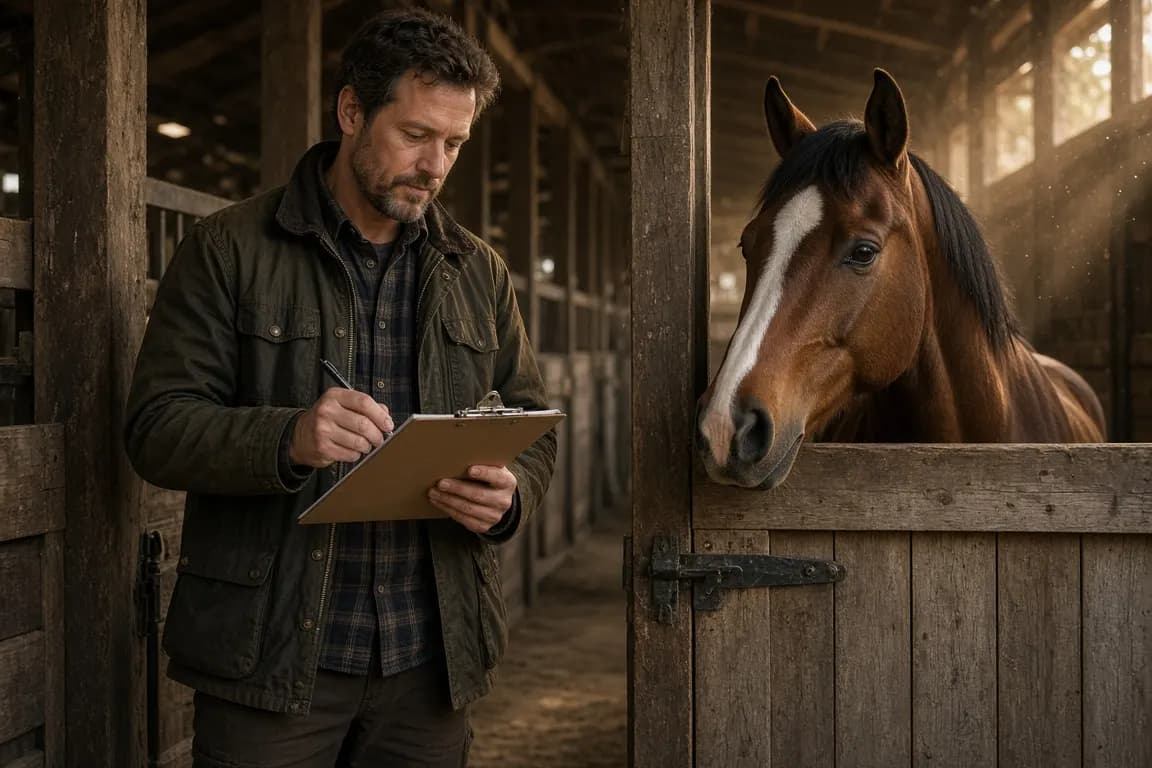 A horse owner in a barn jacket making notes on a clipboard beside a stable door, a bay horse looking out