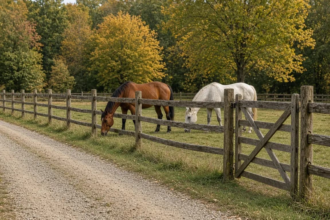 A wide farm gate open onto a firm gravel lane beside a paddock, two horses grazing behind the fence in early autumn