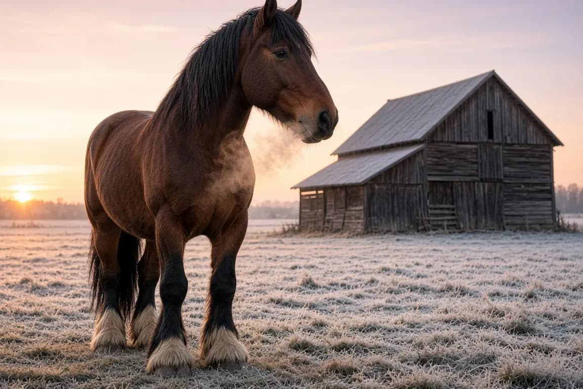 A large bay draft horse standing in a frosty field at sunrise, breath visible, a wooden barn behind