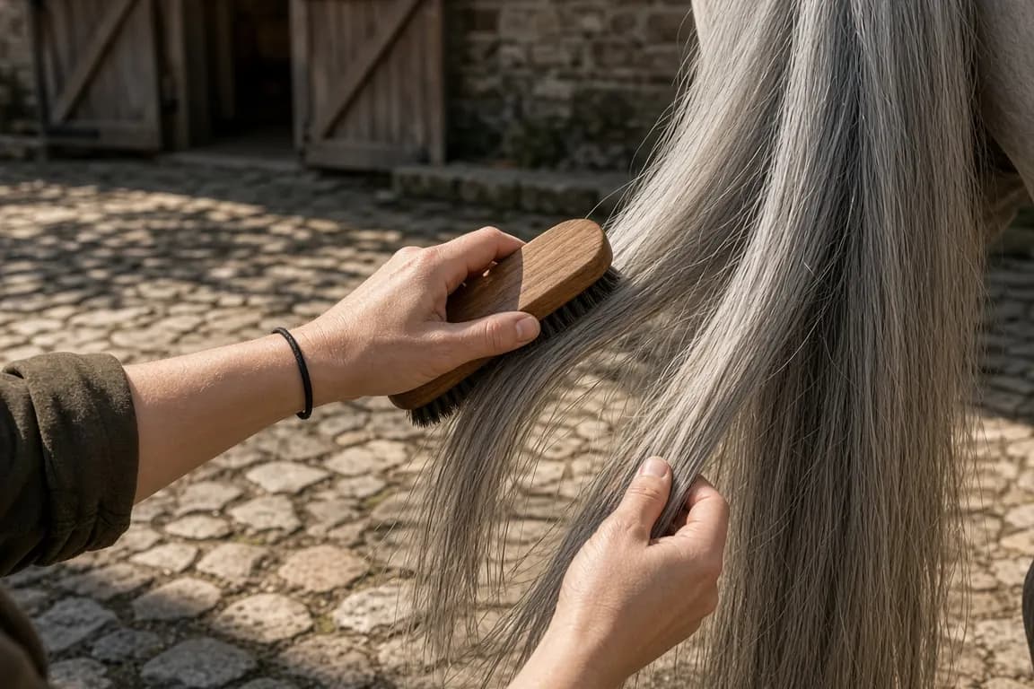 Hands brushing out a long grey horse tail in a sunny stable yard, a hair band ready on the wrist