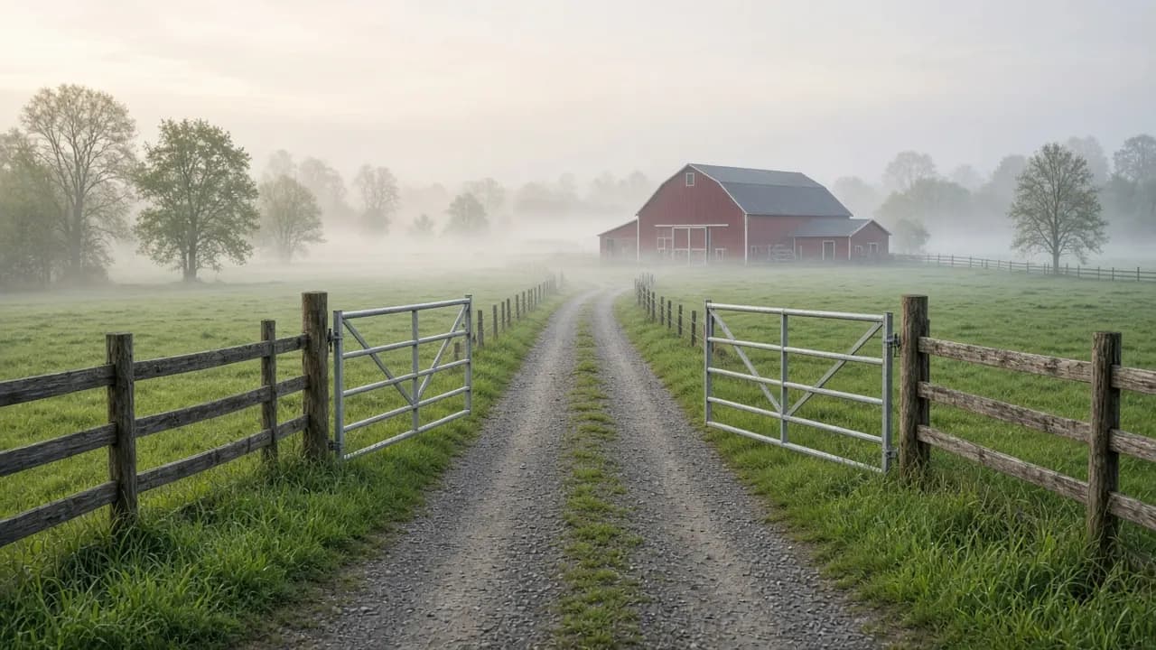 A wide gravel farm lane leading through an open metal gate toward a red barn in early morning mist