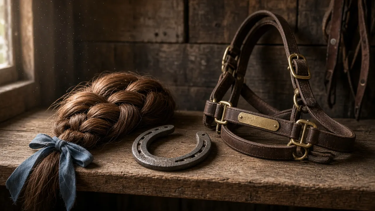 A braided chestnut horse tail tied with ribbon beside a worn horseshoe and a leather halter on a tack room shelf