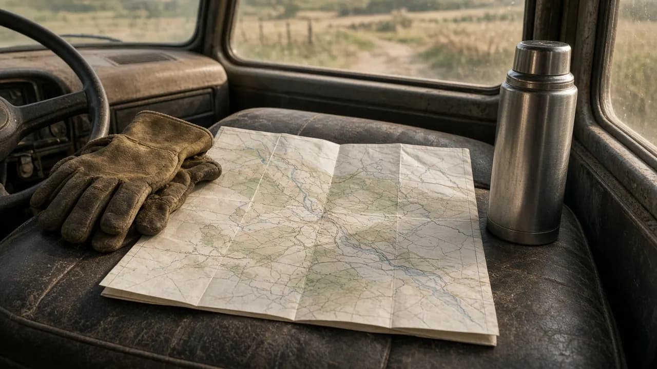 A folded paper road map of farm country spread on a truck's bench seat with a pair of work gloves and a thermos