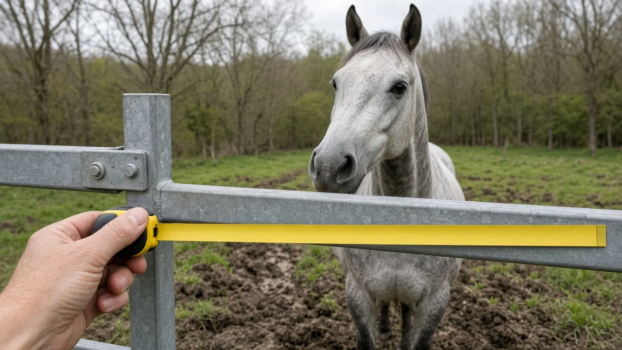 A yellow measuring tape stretched across a wide metal farm gate with a grey horse watching from the paddock