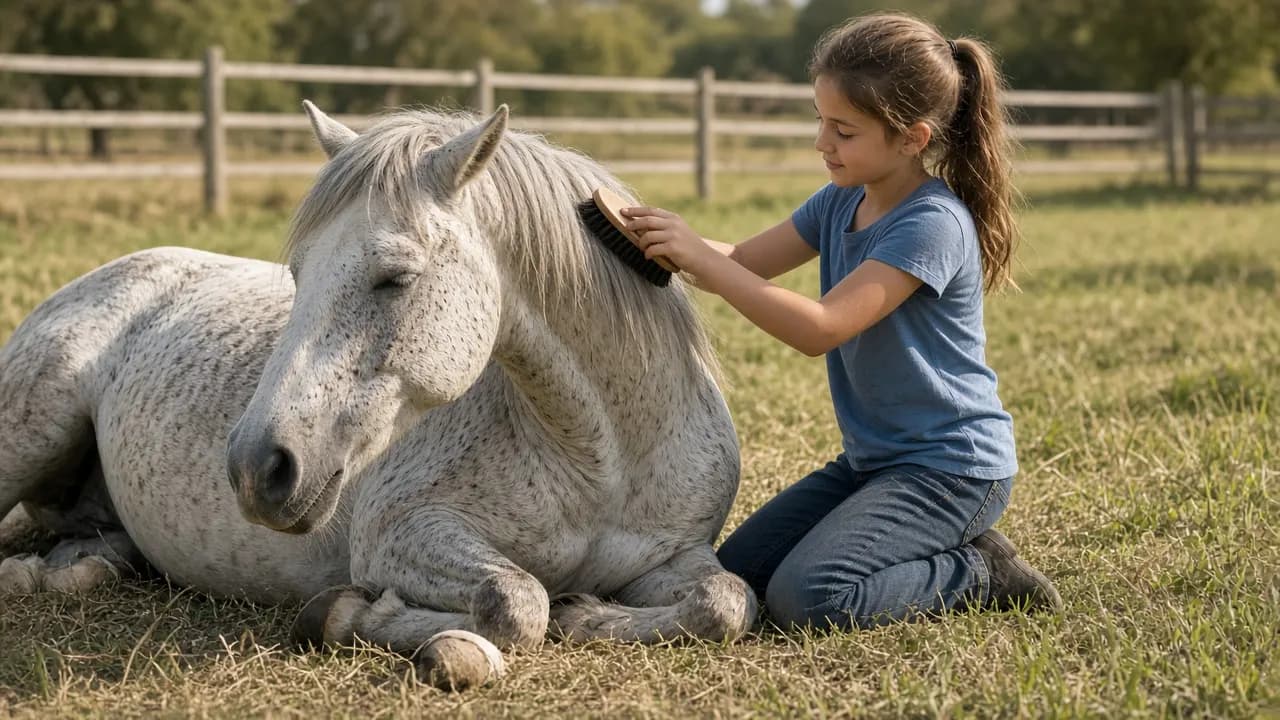 An elderly grey horse with a sway back dozing in a sunny paddock beside a young girl brushing its mane