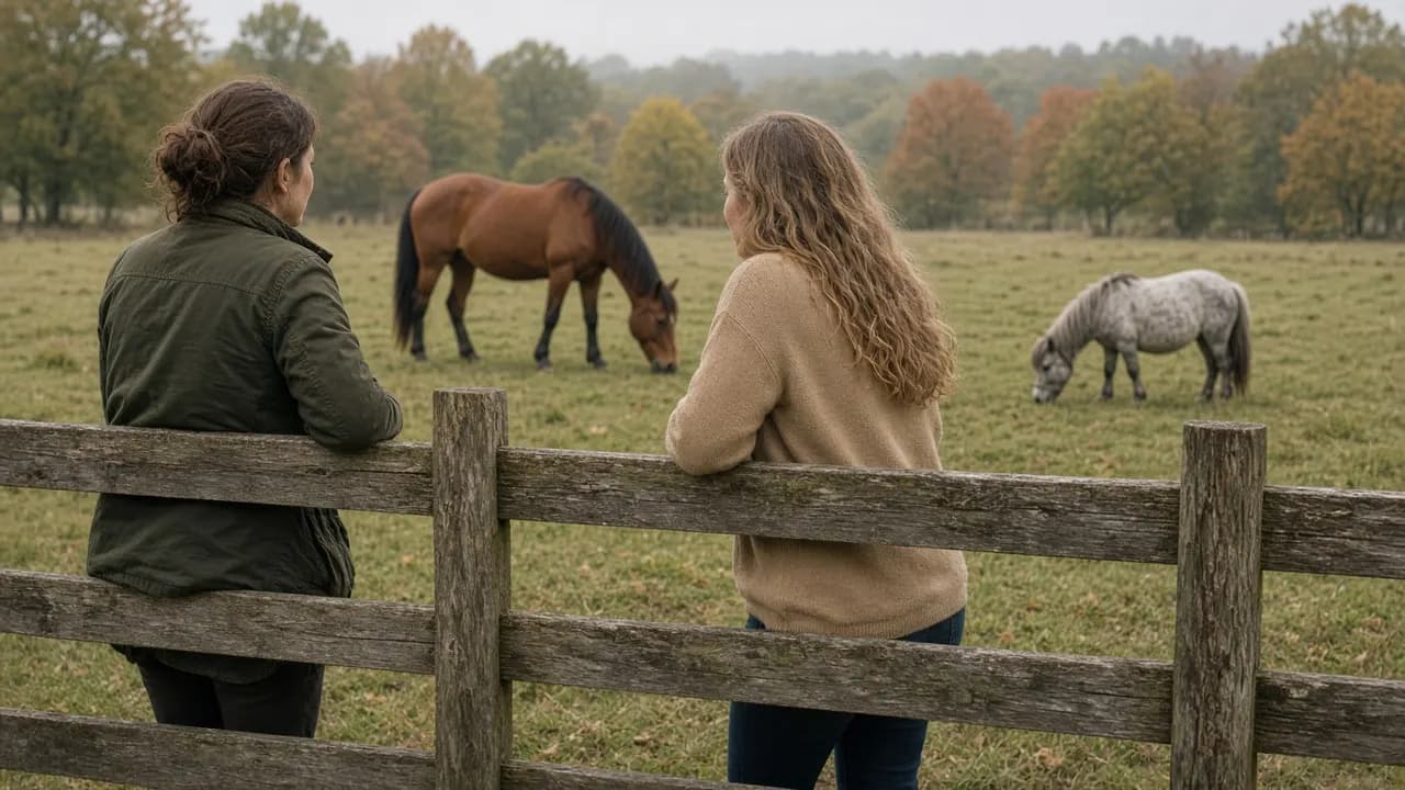 Two riders leaning on a wooden paddock fence talking while a bay horse and a grey pony graze behind them