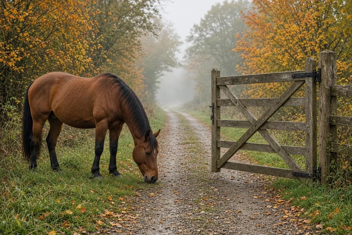 A bay mare grazing beside an open wooden field gate on a misty autumn morning