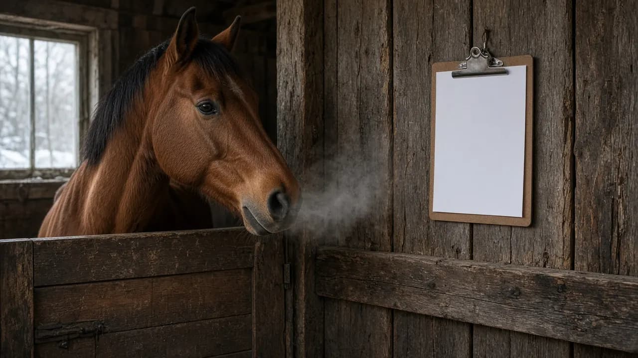 A chestnut horse looking over a stable door toward a clipboard hanging on a barn wall