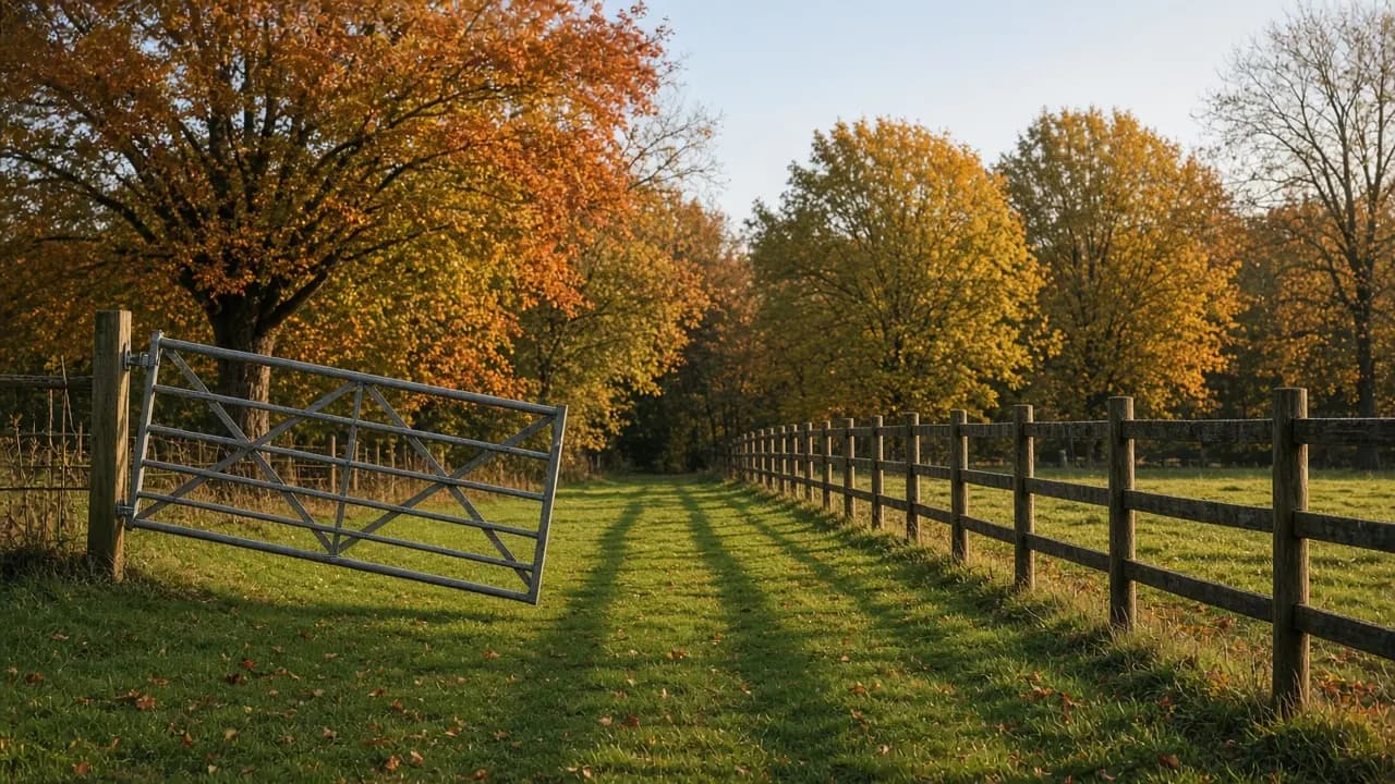 A wide steel field gate standing open onto a firm grass track beside a post-and-rail fence in autumn