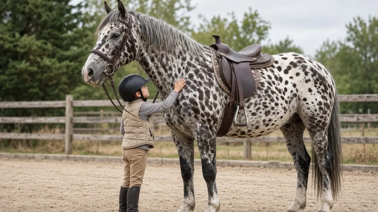 An older spotted Appaloosa mare with a greying face standing patiently while a child in a riding helmet pats her neck