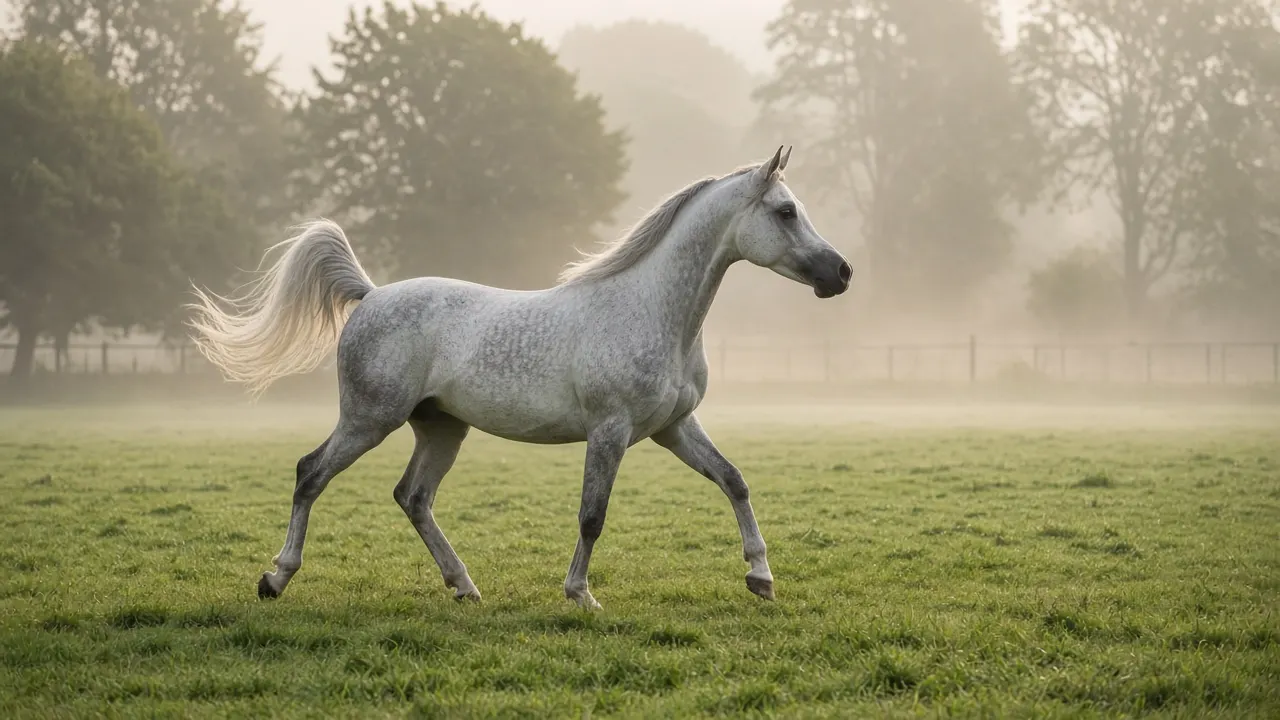 A grey Arabian horse with a dished face and high tail trotting freely across a green paddock in soft morning light
