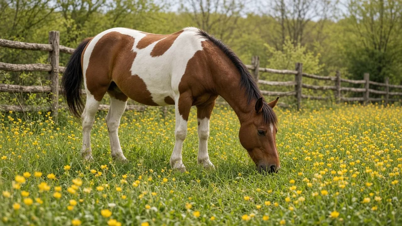 A brown and white Paint mare grazing in a spring meadow scattered with yellow wildflowers beside a wooden fence