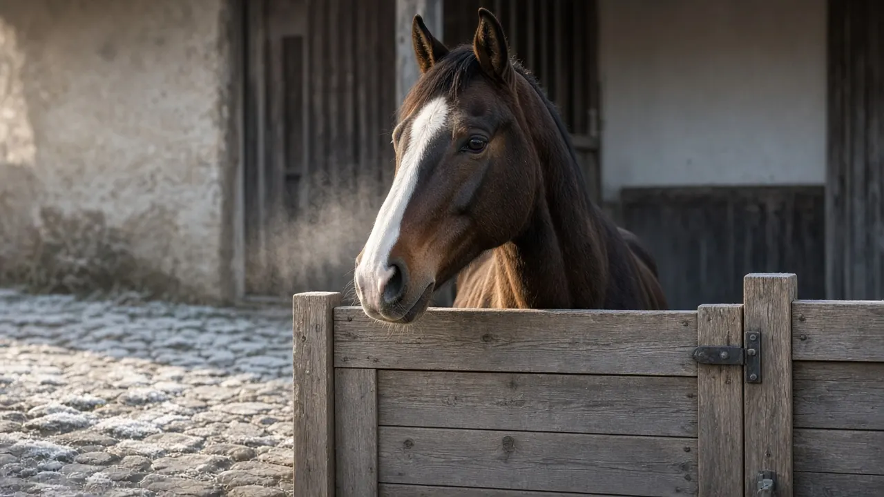 A tall dark bay warmblood mare with a white blaze looking over a stable half-door on a frosty morning