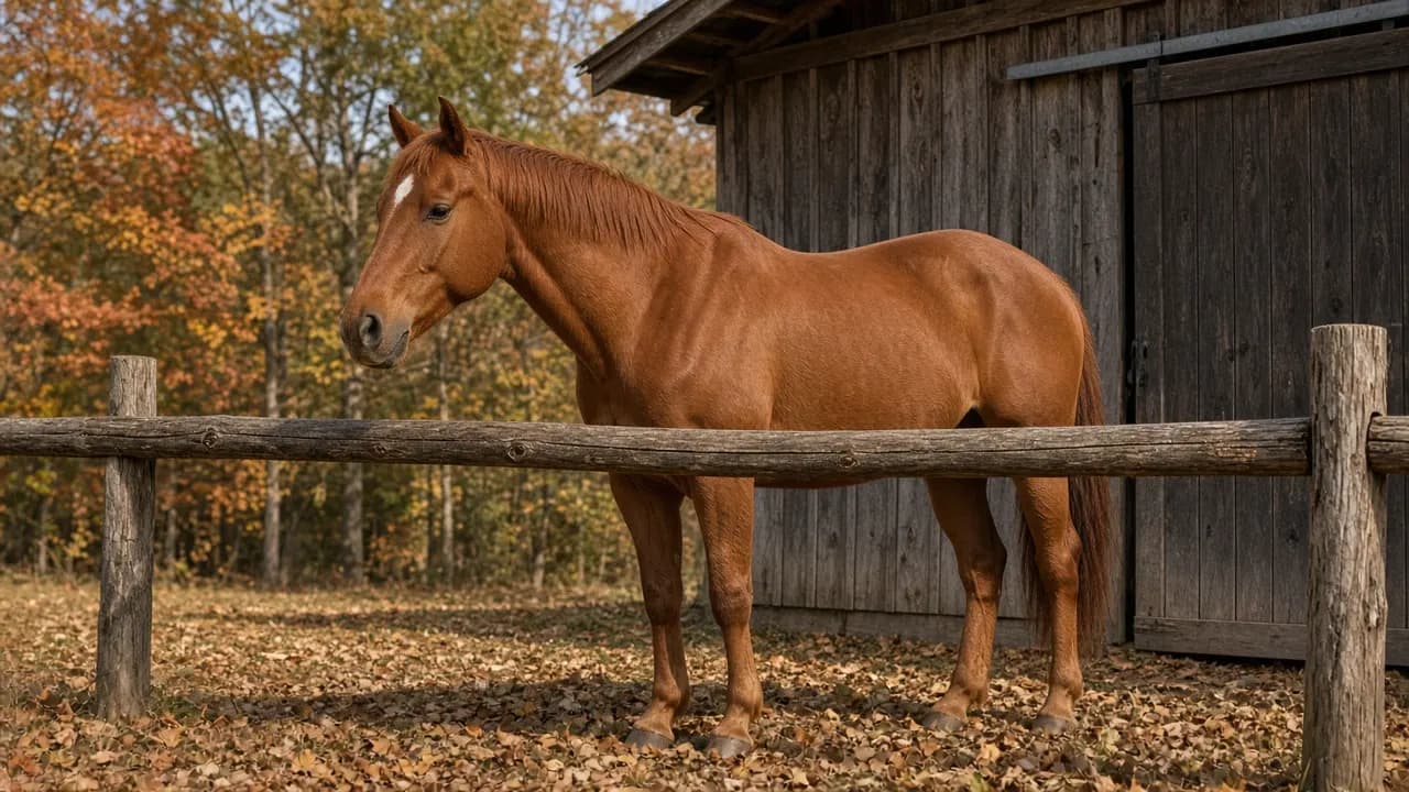 A stocky sorrel Quarter Horse standing relaxed at a hitching rail outside a barn on a clear autumn afternoon
