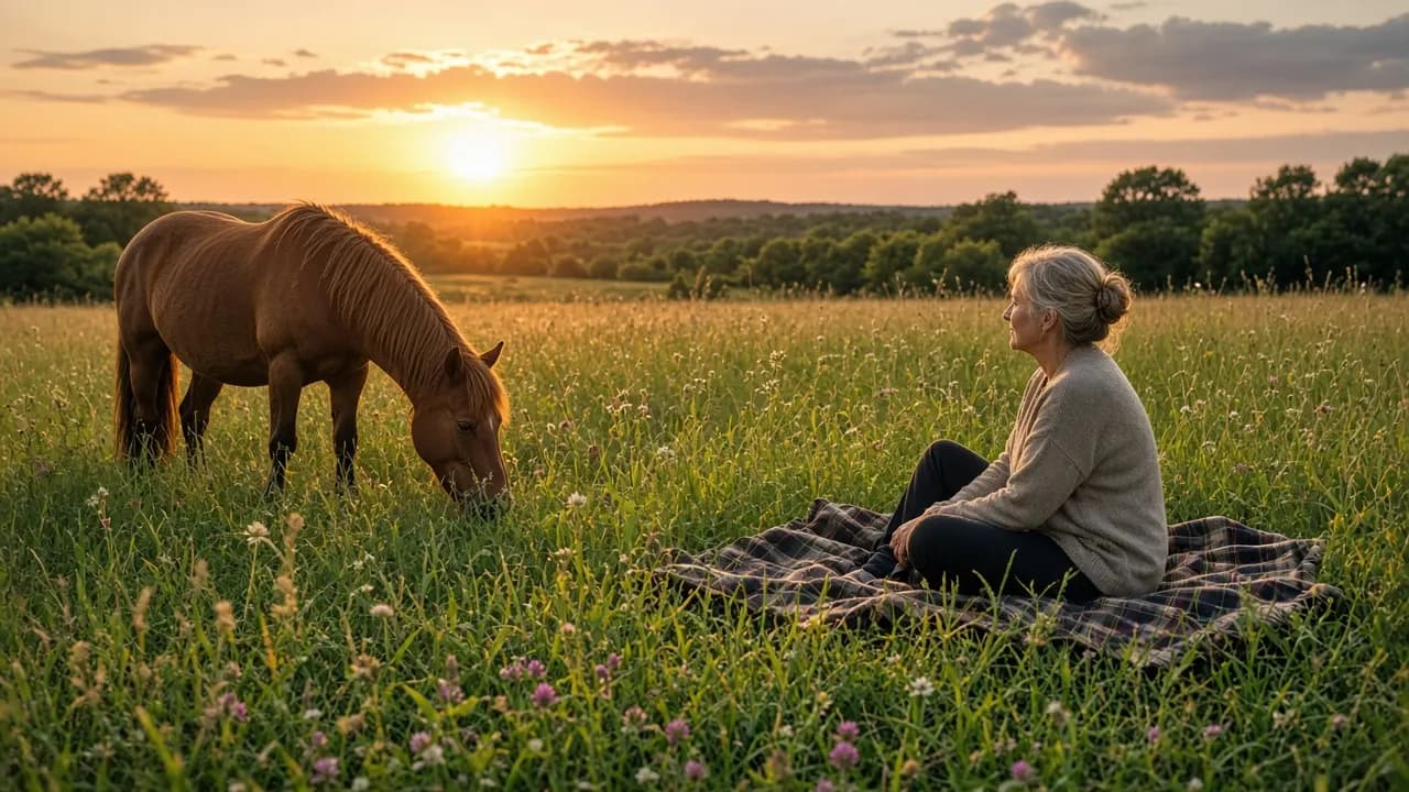 An older chestnut horse grazing in tall summer grass at sunset while a woman sits nearby on a folded blanket