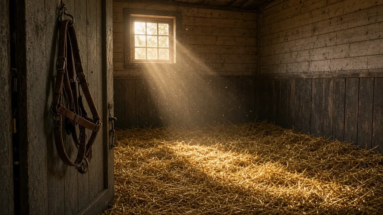 A clean, empty horse stall with fresh straw, a leather halter hanging on the door and late afternoon sun through a window