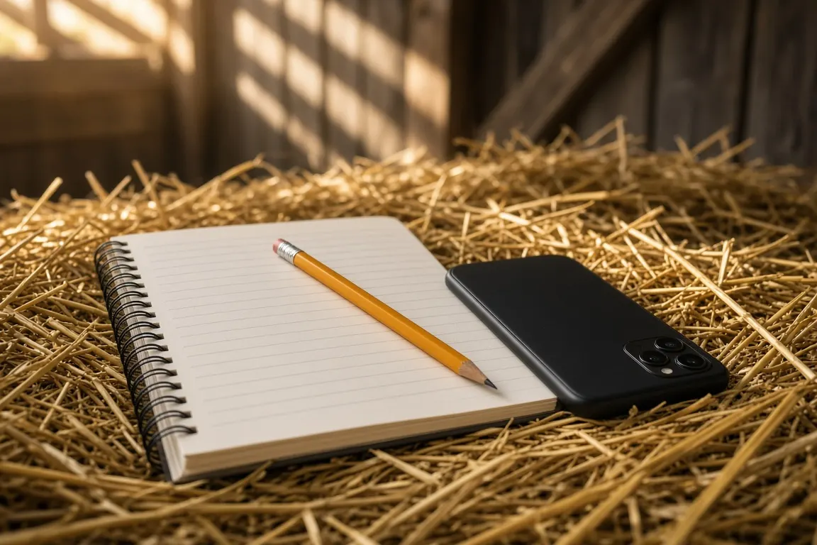 A notebook with handwritten figures, a pencil and a phone calculator on a hay bale in a sunlit barn