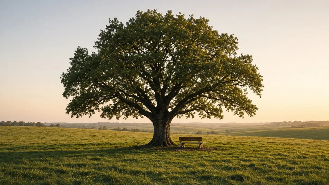 A lone spreading oak tree at the top of a green pasture with a simple wooden bench beneath it at golden hour