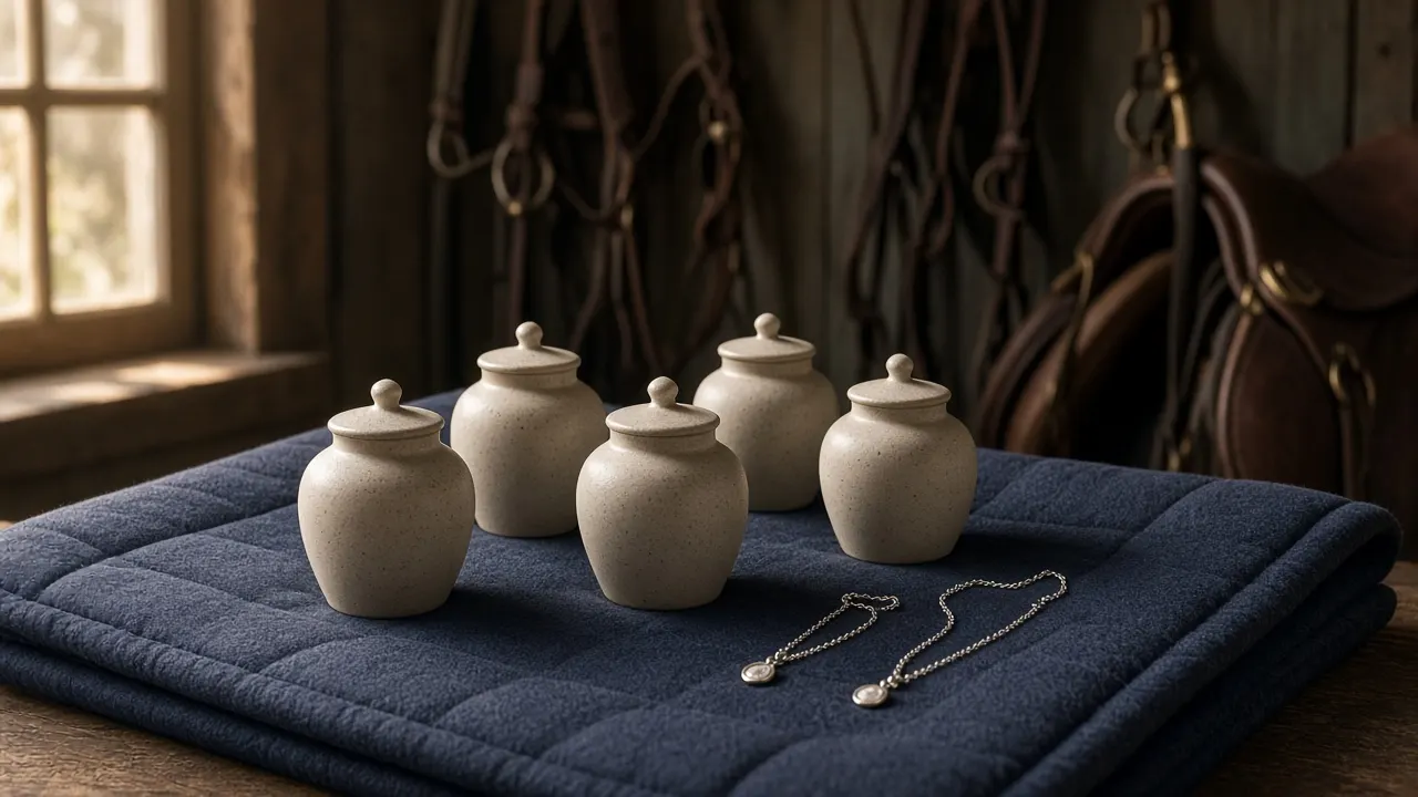 Three small matching keepsake urns and four silver pendants arranged on a folded saddle pad in a sunlit tack room