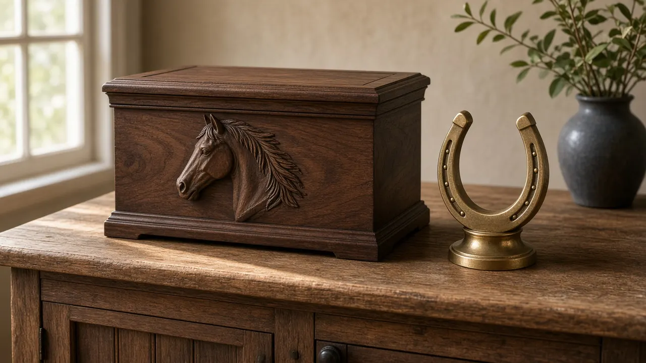 A large carved walnut memorial chest beside a small brass horseshoe-shaped keepsake urn on a farmhouse sideboard